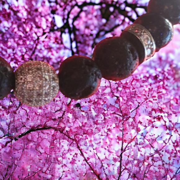 Sparkling Black Goldstone & Lava Rock Handmade Bracelet with Silver Accents. - Picture 7 of 10